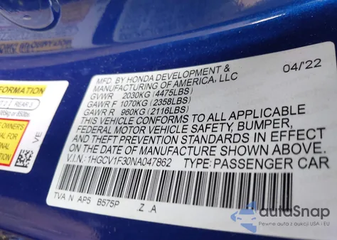 2022 Honda Accord Sport z USA, uszkodzony, nr VIN 1HGCV1F30NA047862